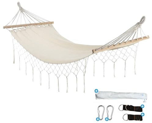 Fleau Goods Luxus Hängematte mit Spreizstab - Zierliche Fransen - 100% Baumwolle - Komfortabel - Inklusive Aufhängematerial & Tragetasche - 100 x 200cm