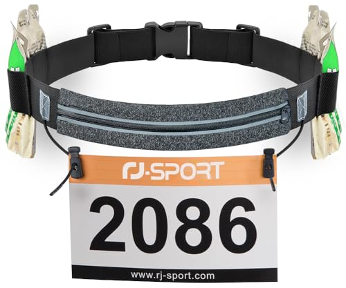 RJ-Sport Laufgürtel für Handy - wasserdichte Lauftasche, Sportgürtel Hüfttasche, Triathlon Startnummernband Laufgurt mit Bauchtasche & Verstellbarem Gummiband & Nummernhalter &6 Gel-Halter (Grau)