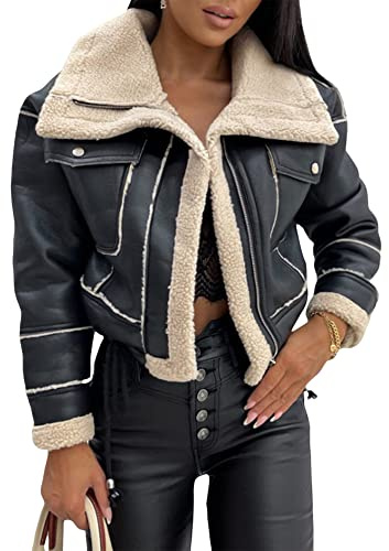 ensswliz Women leather jacket bomber jacket Sherpa-Lined Coat Fur Collar Winter Aviator Leather Coat women Faux Suede Leather Jacket (Black, M)