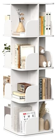 Nisorpa Drehbares Bücherregal Weiß mit 4 Ebenen, Freistehendes Modernes Holzregal, Platzsparendes Büroregal für Wohnzimmer, Büro und Kinderzimmer (40x40x130cm)