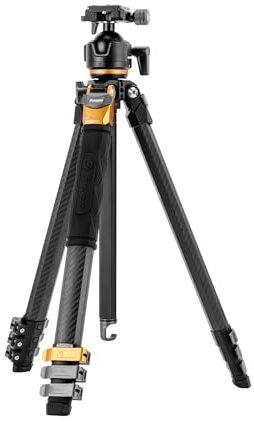 Fotopro Kompakt kolfiberstativ, 152 cm profilben bärbart resestativ, professionellt slitstarkt stativ max belastning 20 kg med superstort kulhuvud väderbeständig väska, Fotopro Origin Plus Golden