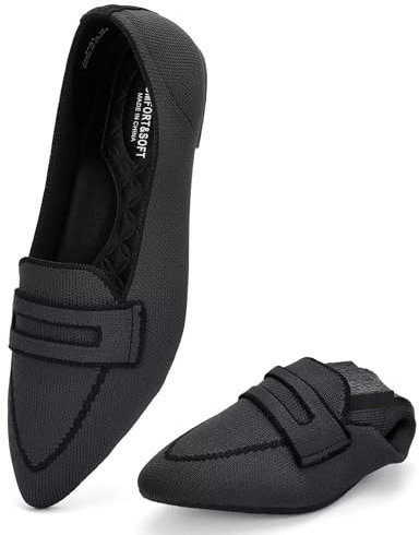 Puxowe Damen Ballerinas Slip On Spitz Strick Kleid Flache Schuhe Pumps Elegant Bequem Ballerina Flats für Damen 40 EU Black