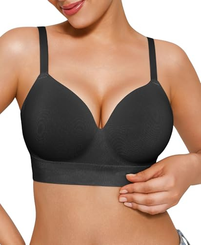 Popilush Bras for Women No Underwire Supportive Push Up Bralettes Wireless Full Coverage Plus Size T-Shirt Bra (40C-D) Black