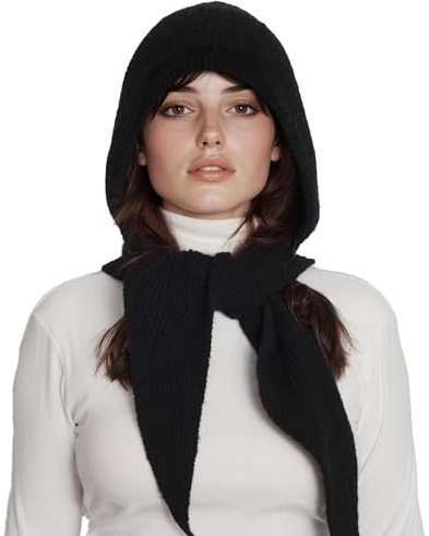 PuTian Hooded Scarf for Women Hat Scarf Set 2 In One - Soft Warm Knitted Neck Wear for Winter Cold Weather Neck Warmer (BLACK)