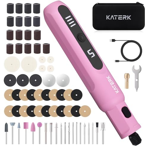 Katerk Outils Rotatifs Multifonction, 5 Vitesses 5000-20000 tr/min, 3.7V Mini Perceuse Sans Fil avec 2500 mAh, 70 Pièces Accessoires pour Sculpture, Polissage, Ponçage, Perçage et Bricolage - Rose