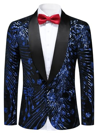 YFFUSHI Mens Velvet Sequins Blazer Lapel 1 Button Tuxedo Suit Jacket | Single back vent,Satin shawl lapel,Dazzling glamour with elegant luxury,Evening banquet and stage wear,