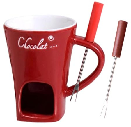 Tasse à Fondue, Tasse Fondue Chocolat, Tasse à Chocolat, Fondoir à Chocolat, Pot à Fromage, Mug Fondue Chocolat 130 ml avec Fourchette, pour le Fromage, le Chocolat, le Beurre et le Caramel, Rouge