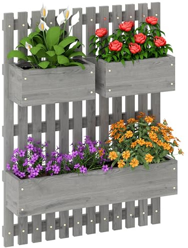 Outsunny Hochbeet Massivholz, Pflanzbeet Frühbeet Gartenbeet mit verstellbarem Blumenkasten, Wand, Pflanzkasten Pflanzkübel 60x16x80cm für Terrasse, Balkon, Gartenspalier für Blumen Pflanzen Grau