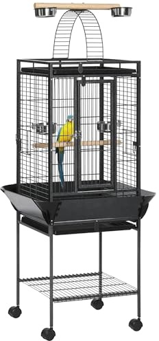PawHut 156cm Bird Cage,Large Parrot Cage with Open Play Top, Perch, Seed Guard, Wheels, Storage Shelf for Budgie, Cockatiel, Conure, Lovebird, Dark Grey