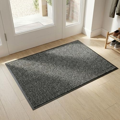 HELLSER Fußmatte | Schmutzfangmatte für außen & innen | rutschfest & flach | Oeko-Tex Zertifiziert | Für Haus, Terrasse & Flur | Schwarz-Grau | 60x90 cm