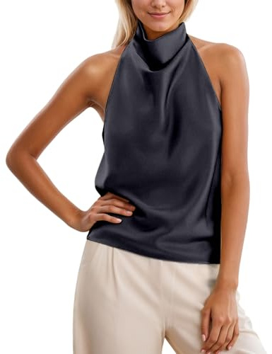 Débardeur en satin pour femme - Dos nu - Épaules dénudées - Sans manches - Camisole - Col suspendu - Haut sexy - Carnaval - Épaules dénudées - Robe de soirée - Haut d'affaires
