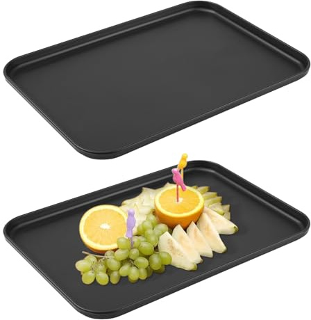 Set med 2 rektangulära serveringsbrickor i svart plast för matportioner, halkfri frukostbricka för hem, kontor, sovrum, café, middag, buffé (31