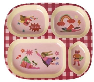 RICE - Piatto per bambini con 4 scomparti in melamina 24,5 x 21,5 cm (330 ml) - Design Wonder Girl, senza BPA e per alimenti, lavabile in lavastoviglie (max. 70 °C)