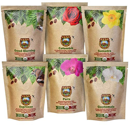Java Planet, Coffee Gift Basket Sampler Set, for Coffee Lovers: Low Acid Organic Beans: Whole Bean, Mold-Free & Stomach Friendly - Arabica Gourmet, 1.32 LBs (19.2 oz) packaged in 6 Bags Each 3.2 oz
