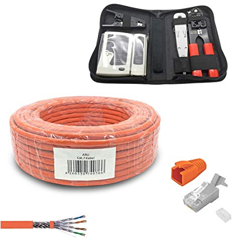 ARLI CAT 7 Verlegekabel 50m Netzwerkkabel CAT.7 Werkzeug Set + Crimpzange RJ45 Zange + Kabelmesser + Tester + LSA + 10 Netzwerkstecker Netzwerk Stecker Halogenfrei CAT7 Kabel Netzwerk 50 m