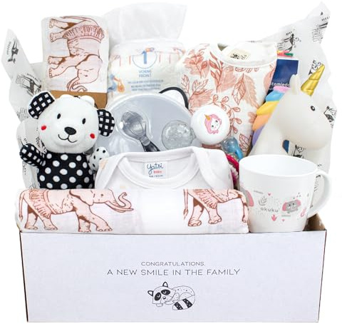 PEKELS Canastilla para Bebé Recién Nacido – Cesta unisex con manta de muselina, ropa, peluche y accesorios – Regalo ideal para Baby Shower, nacimiento y nuevas Mamás - Blanco
