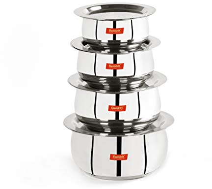 Sumeet Juego de 4 piezas de acero inoxidable con forma de vientre, utensilios de cocina y ollas con tapa de 380 ml, 500 ml, 780 ml, 1,1 L, color plateado