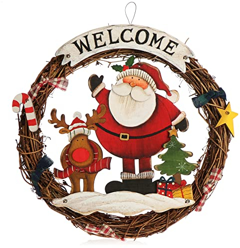 com-four® Weihnachtskranz geflochten - Tür Kranz Welcome für Weihnachten - Weihnachtsdeko zum Hängen - Holzkranz ca. Ø 30 cm (Santa Claus - L)