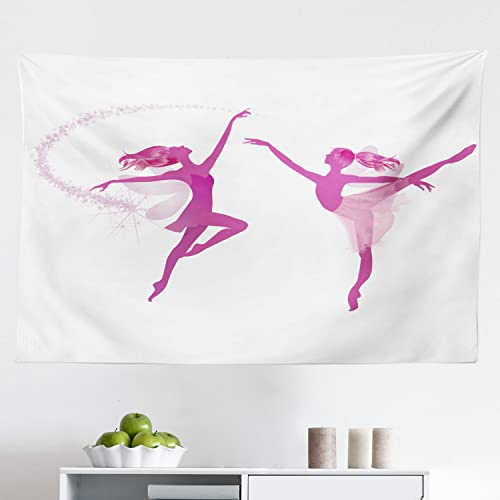 Ambesonne Ballet Tapestry, 2 Ballerina Fairies Dancing Female Fantasy Beauty Mythological Performance, Fabric Wall Hanging Decor for Bedroom Living Room Dorm, 45 X 30, Pink Rose White