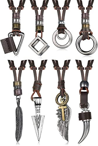 Diamday 8 Piezas Collar de Cuero para Hombres Mujeres Colgante de la Vendimia de Cuero Cordones Collares Negro Marrón Pluma Arrowhead Wolf Tooth Wing Doble Anillo Suéter Cadena Collar Ajustable