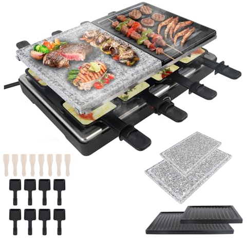LZQ Raclette Grill für 8 Personen, Electric Grill Tischgrill Elektrogrill antihaftbeschichteter Grillplatte, inkl. 8 Pfännchen & Holzspachtel, 2 Granitplatte & Antihaftplatte 1400W