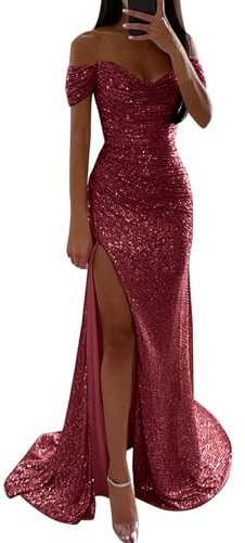 Off Shoulder Abendkleid Damen Lang,Glitzer Kleid Damen,Damen Abendkleider Elegant für Hochzeit Sexy A Linie Elegant Paillettenkleid mit Schlitz Mode Abendkleider Lässig Locker Partykleid Hochzeit