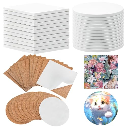 LYCN 24 Pcs Ceramic Tiles for Crafts Coasters, Blank Unglazed White Ceramic Coasters Self-Adhesive Cork Backing Coasters with 24 Cork Backing Pads for Inks Art Painting DIY,10cm/4inch (Square＋Round)