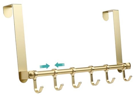 MIAOLLUN Over The Door Hooks Hanger, Moving 6-Hooks, Heavy Duty Over The Door Hanger, Over Door Towel Rack,Door Coat Hanger, Upgraded Long Arms for Bathroom Accessories,Gold