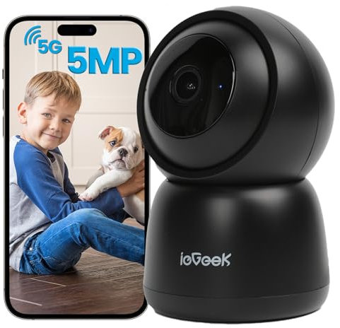 ieGeek 5MP 360° Camera Surveillance WiFi Interieur - 2.4G/5GHz Camera Interieur, PTZ Détection Mouvement Audio Bidirectionnel Alexa pour Animaux/Bébés