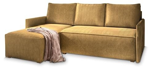 Masseno Ecksofa PERUSI mit Schlaffunktion L-Form, Sofa mit Bettkasten, Wohnzimmersofa, Couch, Soffa, Bettsofa, Couchgarnitur- Gelb, POSO 01