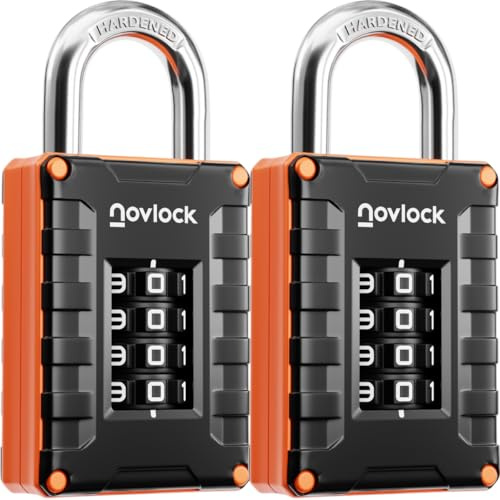 Kombinationslås – 4-siffrigt hänglås för skåp (gym, skola, arbete), förvaringslådor, grindar, staket och mer – 2-pack, svart/orange