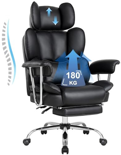 IWMH Bürostuhl Ergonomischer 200KG, PU Leder Chefsessel mit Fußstütze, Drehstuhl mit Armlehnen und Kopfstütze, hoher Rückenlehne, Höhenverstellbarer(Schwarz)