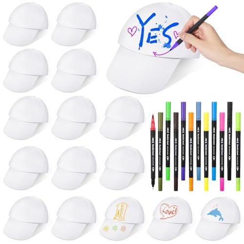 Itoyx Set di cappelli fai da te bianco, 16 cappelli fai da te con 12 matite colorate per adolescenti, cappelli da baseball autodipinti, cappelli da baseball creativi, regolabili, per riunioni