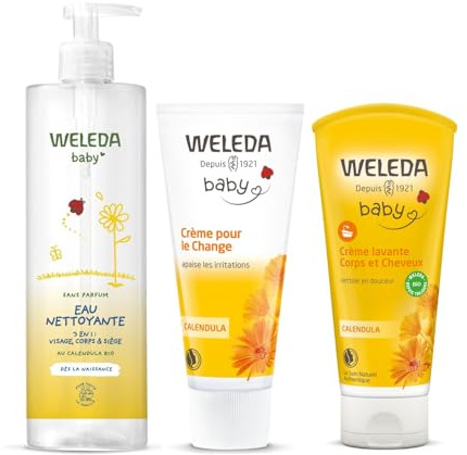 WELEDA Lot Soin Complet Bébé Calendula : Crème Change (75ml) + Crème Lavante Corps & Cheveux (200ml) + Eau Nettoyante (400ml) - Protection, Douceur & Nettoyage Quotidien Bio