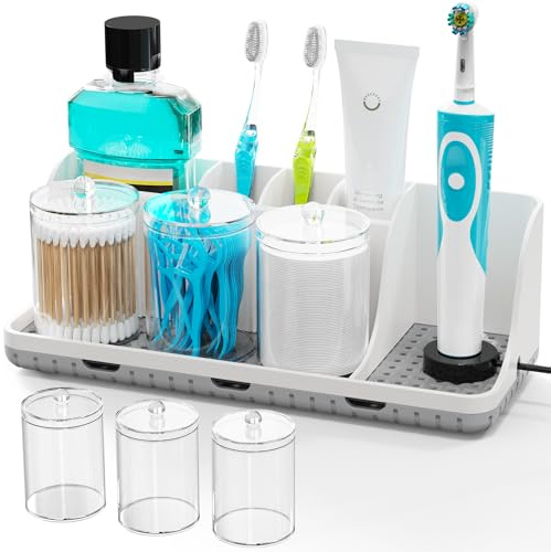 PARKMANI Toothbrush Holder for Bathroom Organizer Storage, Electric Tooth Brush Holder with 3 PCS Cotton Bud Holder, Bathroom Accessories for Family, Kids (White)