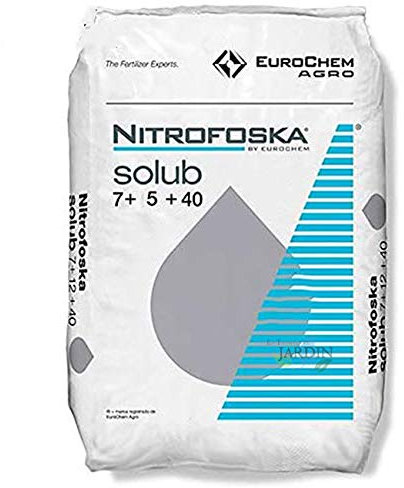 Suinga ABONO soluble Fertilizante Nitrofoska 7-5-40. 200 Kg en sacos de 25 Kg. Recomendado para la maduración de cultivos. 7% Nitrógeno, 5% Fósforo, 40% Potasio, 19% Azufre