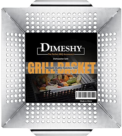 Stainless Steel Grill Basket, Large 12 Inches BBQ Accessories for Vegetable, Shrimps, Kabobs,Work for All Grill by DIMESHY
