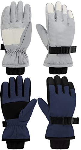 Eurzom 2 Pairs Kids Winter Gloves Waterproof Ski Gloves Windproof Warm Unisex Ski with Hook and Loop(for 5-8 Years,Dark Blue, Gray)