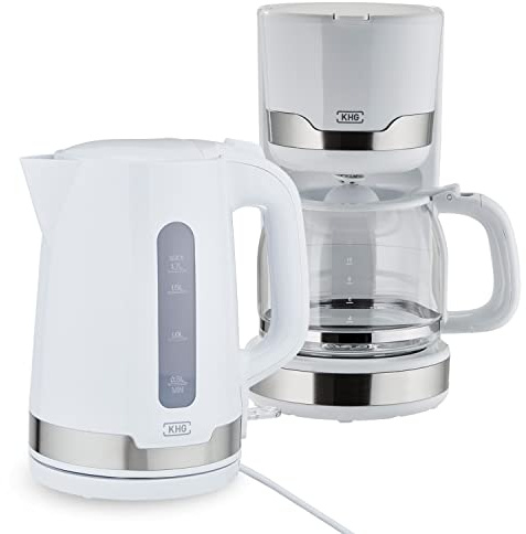 KHG Frühstücksset Wasserkocher Kaffeemaschine 2-teilig, 2.200 & 1.000 Watt, Kapazität 1,7 Liter Wasser oder 12 Tassen Kaffe, mit Kalkfilter & Permanent-Kaffeefilter – Weiß