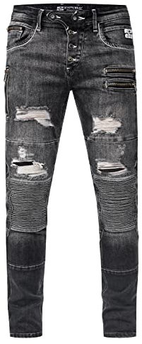 Rusty Neal Biker-jeans Byxor för män ''Misato'', DIE-absolute-jeans, slim fit, stretch, destroyed biker, zip-design med snygg knappslå och kontrastsöm 241, Mörkgrå begagnad, 38W x 32L