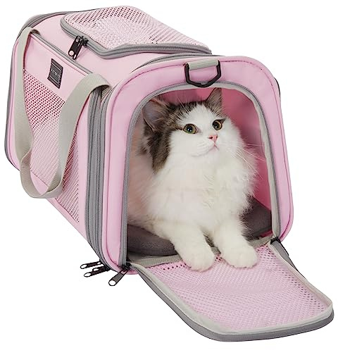 Airline Approved Cat Carrier 17.5×10.5×10.5 in, Escape-Proof Design with Locking Zippers & Safety Leash, Easy-Access 3-Way Entry, Washable Mat, Gift-Ready Holiday Choice for Cats up to 12 lb