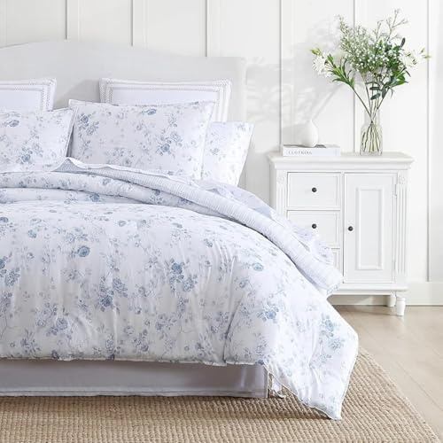 Laura Ashley Reversible Cotton Bedding with Matching Sham(s), Farmhouse Home Décor, Belinda Blue, Queen