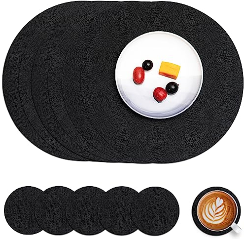 Myir JUN Tischsets Abwaschbar Leder und Untersetzer, Doppelseitigen Platzset Rund Ø 36cm 6er Set rutschfest Glasuntersetzer Platzdeckchen Leder Kunstleder Tischset (Schwarz, 6er Set)