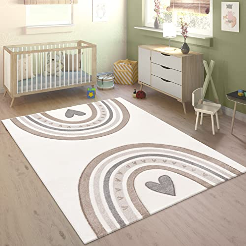 Paco Home Teppich Kinderzimmer Kinderteppich Junge Mädchen Pastell 3D Effekt Modern Regenbogen Herz Beige Creme Grau, Grösse:120x170 cm