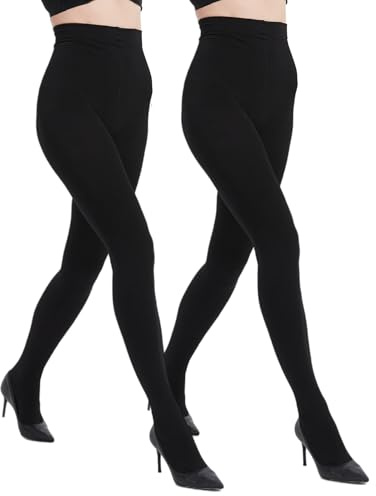Citystl 2 Pairs Fleece Lined Tights for Women, 120D Black Winter Opaque Warm with Control Top Tights (Black*2,L)