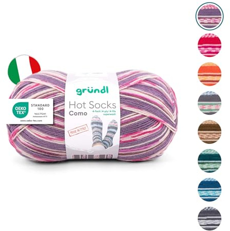 Gründl Laine Hot Socks Como 4 brins - Laine pour chaussettes pour 1 paire de chaussettes - Doux et doux pour la peau - 75% laine vierge, 25% polyamide - 1 pelote de 100 g / 420 m - Pour aiguilles