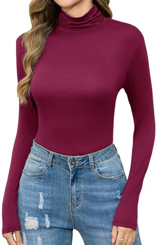Irevial Camiseta Cuello Alto Pullover para Mujer Camiseta Termica Blusa Térmica Top Mujer con Elasticidad Camisetas Base Básica Adecuado para Primavera Otoño e Invierno Rojo Vino，M