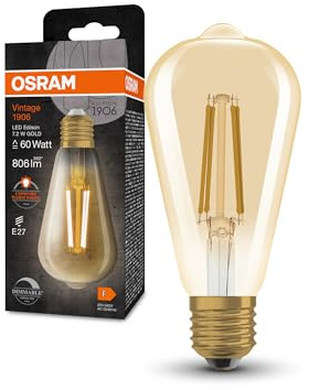 OSRAM Lámpara LED Vintage 1906® Classic Edison FIL 60, E27, regulable, forma Edison, dorado, 7,2W, 806lm, 2400K, luz blanca cálida reducida, bajo consumo, larga duración