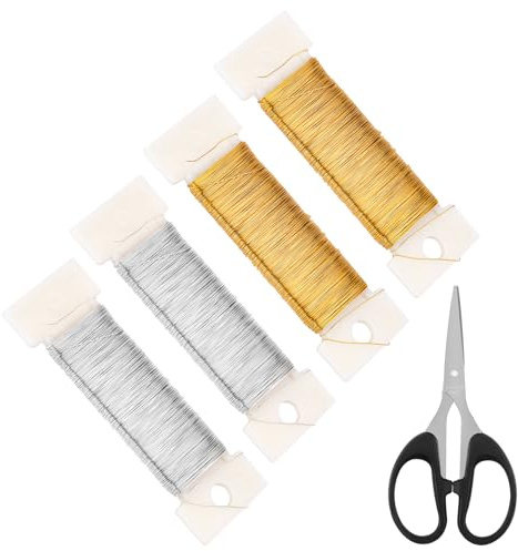 Aubess Alambre Fino para Manualidades, 4 Rollos Alambre de Ganchillo para Joyería, 3mm x50m Alambre Floristería, Alambre Trenzado de Oro y Plata para Hacer Joyas, Envolver Regalos o Sujetar Plantas