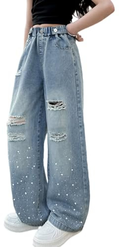 Rolanko Girls Jeans Baggy High Elasticated Waist Wide Leg Denim Pants | Bootcut, Streetwear, Y2K, Vintage